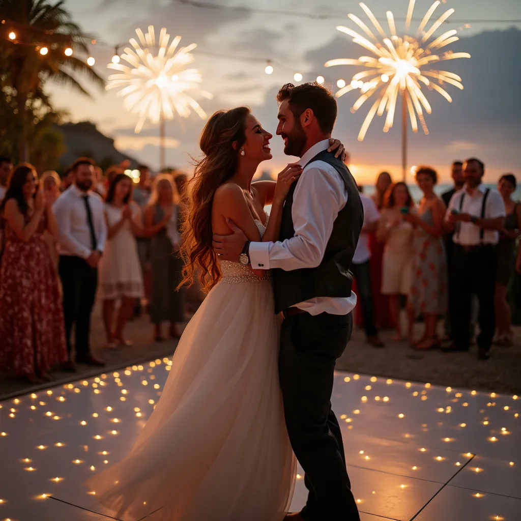wedding song to dance (2) a bride and groom dancing outside to a song with people gathered watching and fireworks
