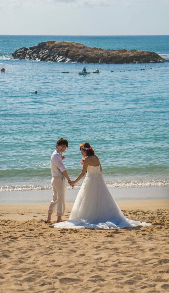 Couple in wedding attire on beach