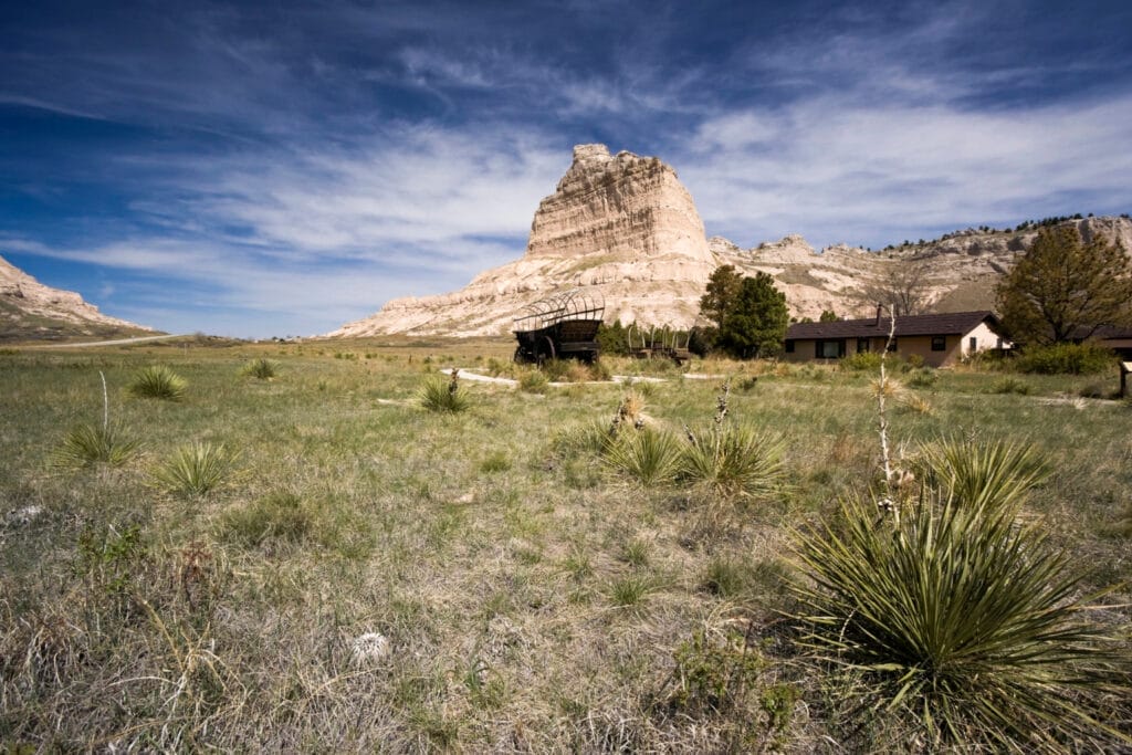 Grassy desert wilderness with tall rock