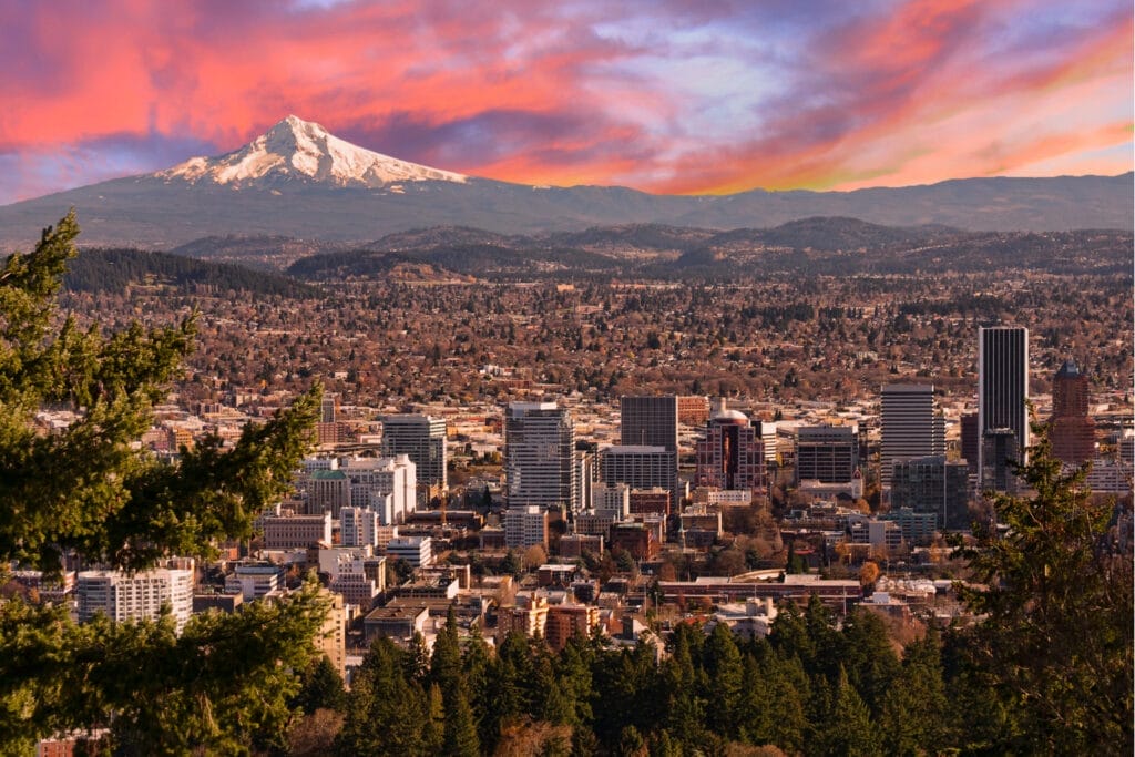 Oregon Elopement (2) City at sunset in Oregon with snowy mountain in the background