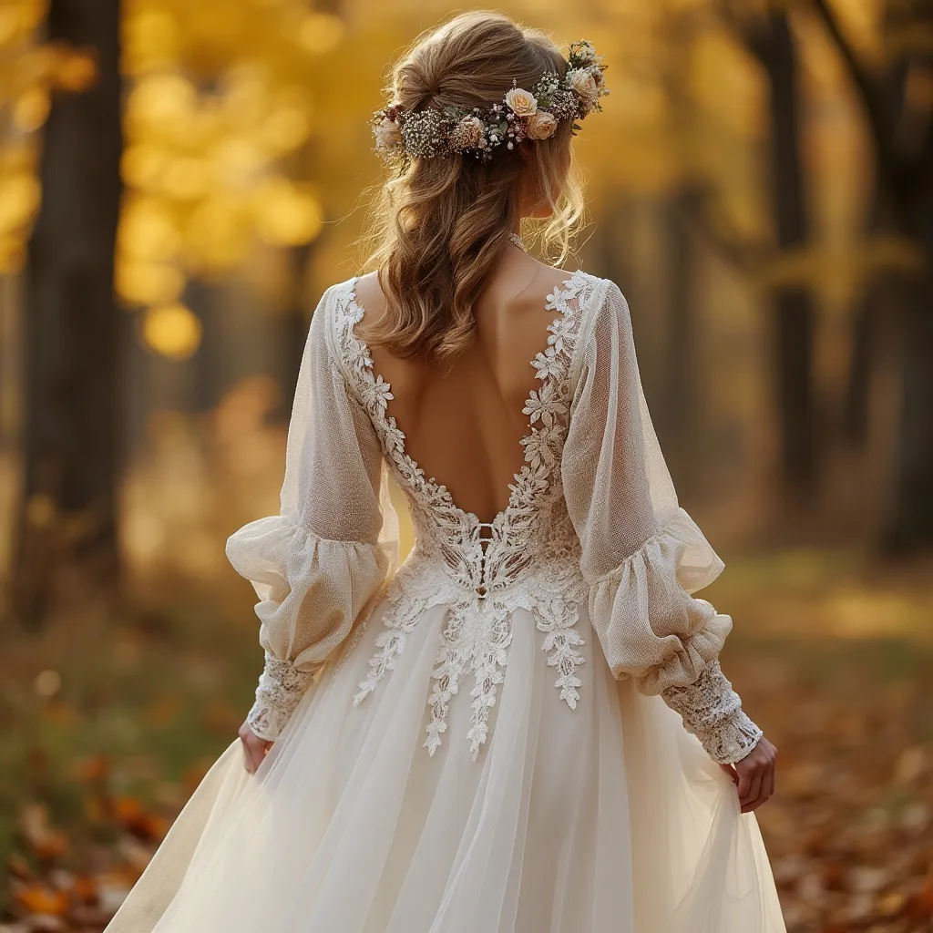 Bride in autumn with fall colors behind Bride in autumn with fall colors behind