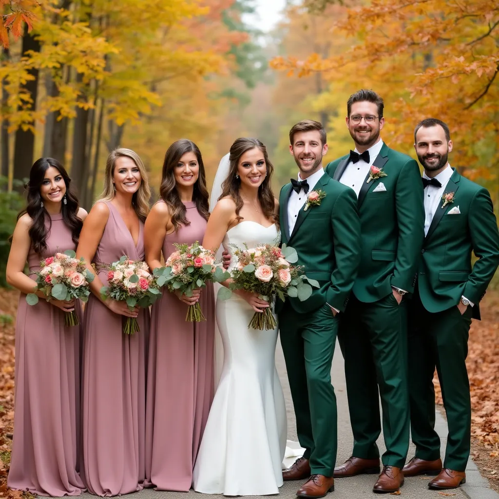 Fall wedding attire suit bridesmaid colors Bridesmaids and groomsmen and groom wearing fall wedding colors attire