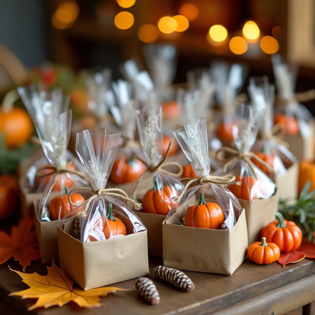 Fall wedding favors Orange colored fall wedding favors of pumpkins and pine cones