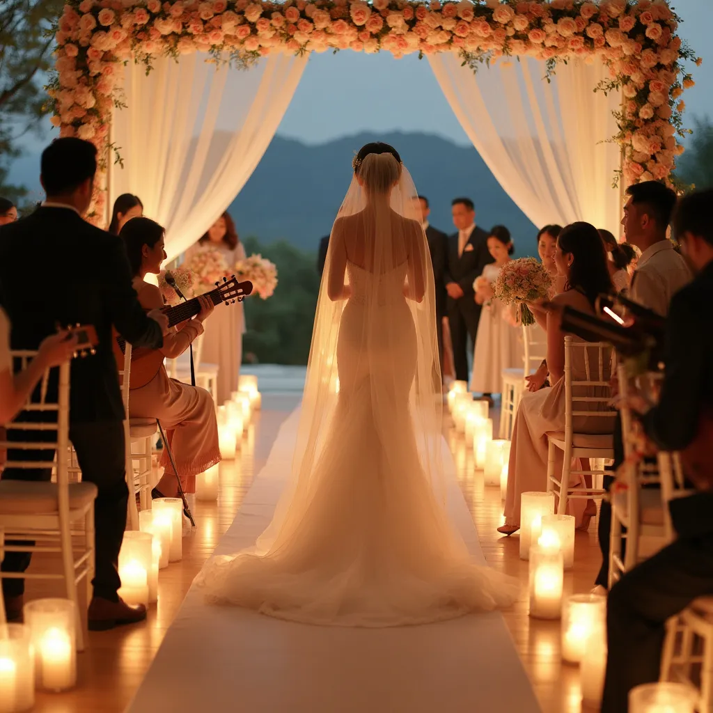 Unique wedding songs (1) A bride walking down the aisle with candles everywhere and musicians surrounding her