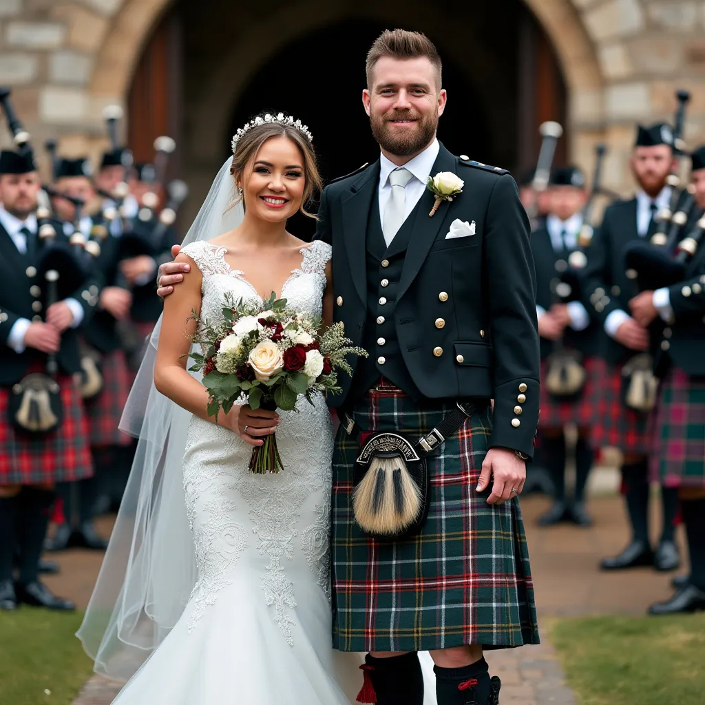Unique wedding songs (2) A couple at a Scottish wedding with the groom in a kilt with bagpipe players behind