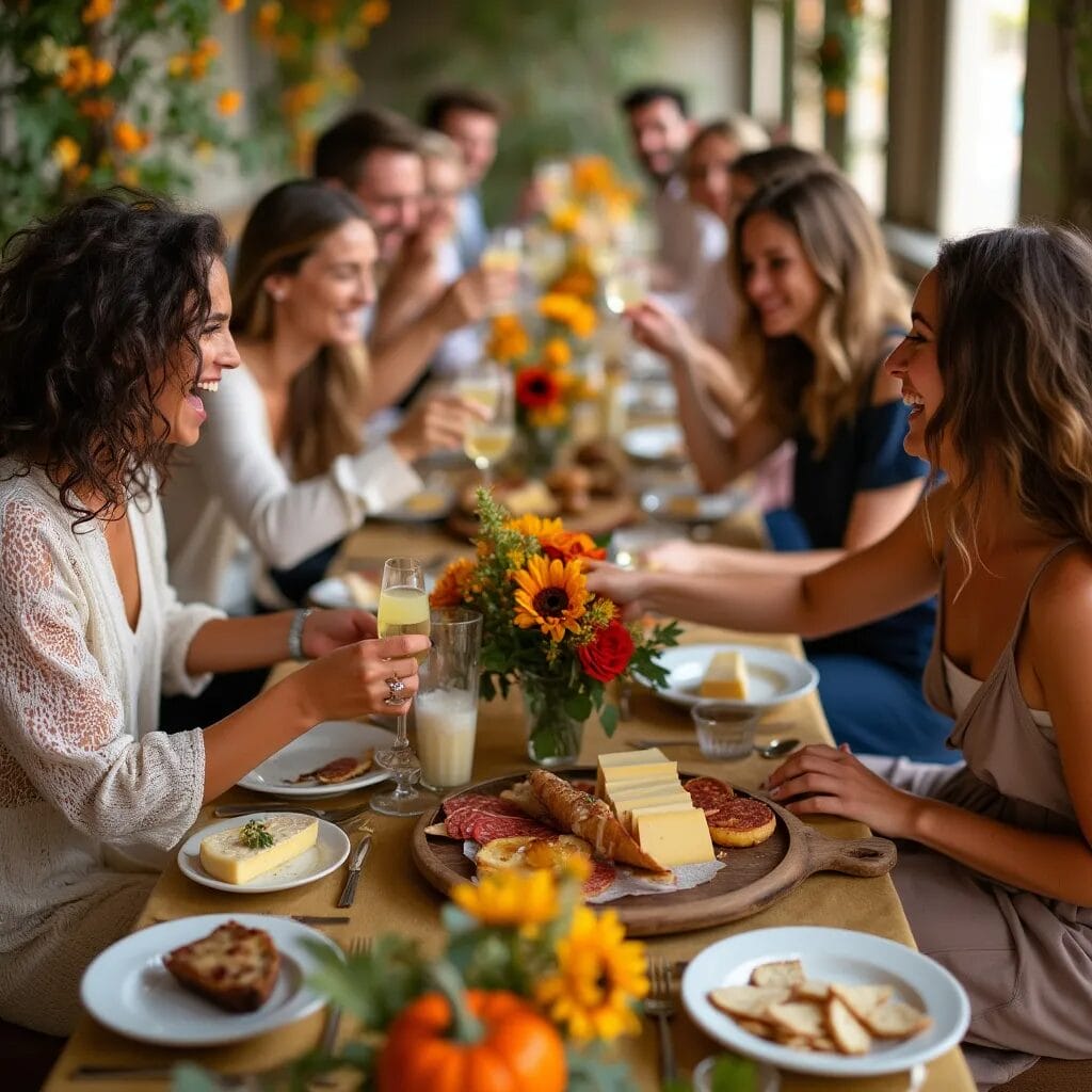 autumn wedding menu (4) A fall wedding reception with food and people eating and drinking