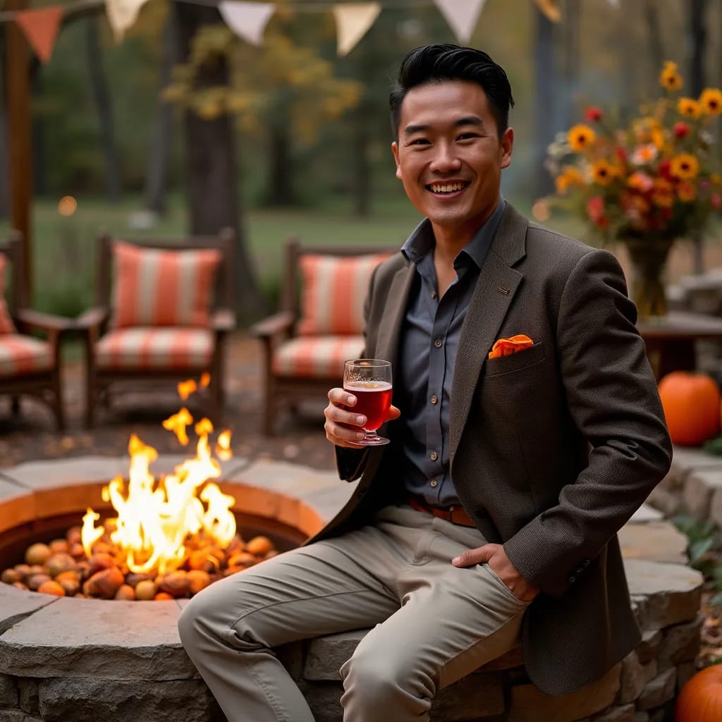 rustic fall wedding attire outdoor (2) An Asian male wedding guest sitting by a fire pit drinking