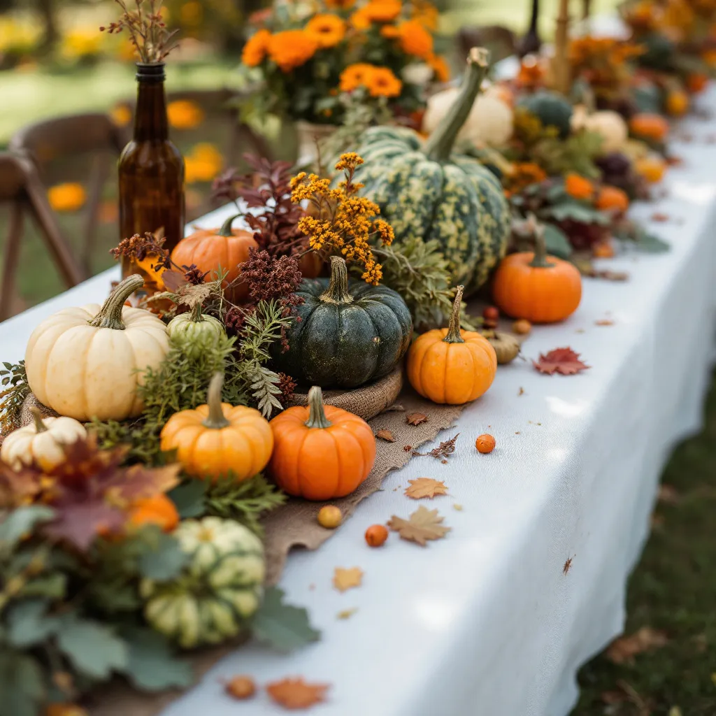 Cheap Autumn wedding food ideas (3) Pumpkins on a long wedding table