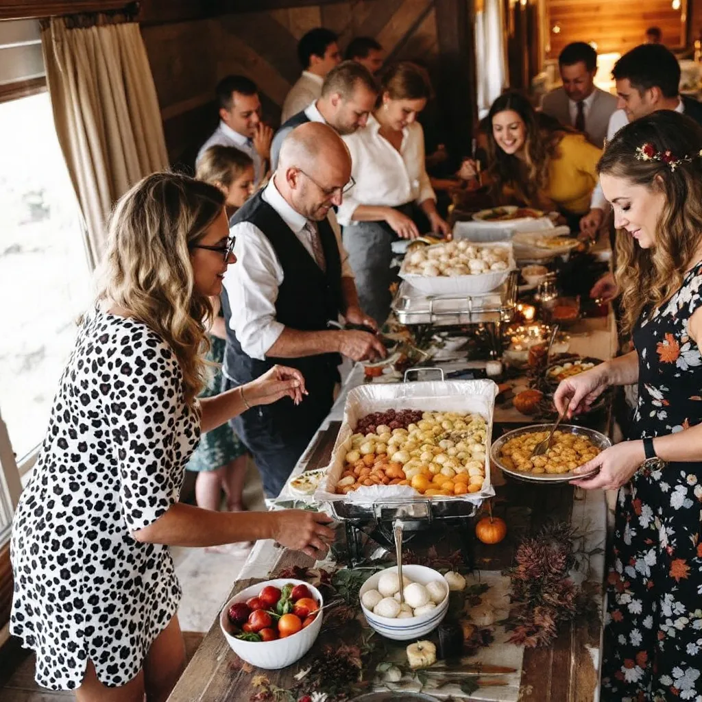 Cheap Autumn wedding food ideas (4) Cheap Autumn wedding buffet with guests getting food