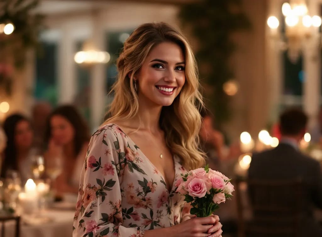 Guest Winter Wedding Dresses (14) A woman in a floral winter gown at a wedding