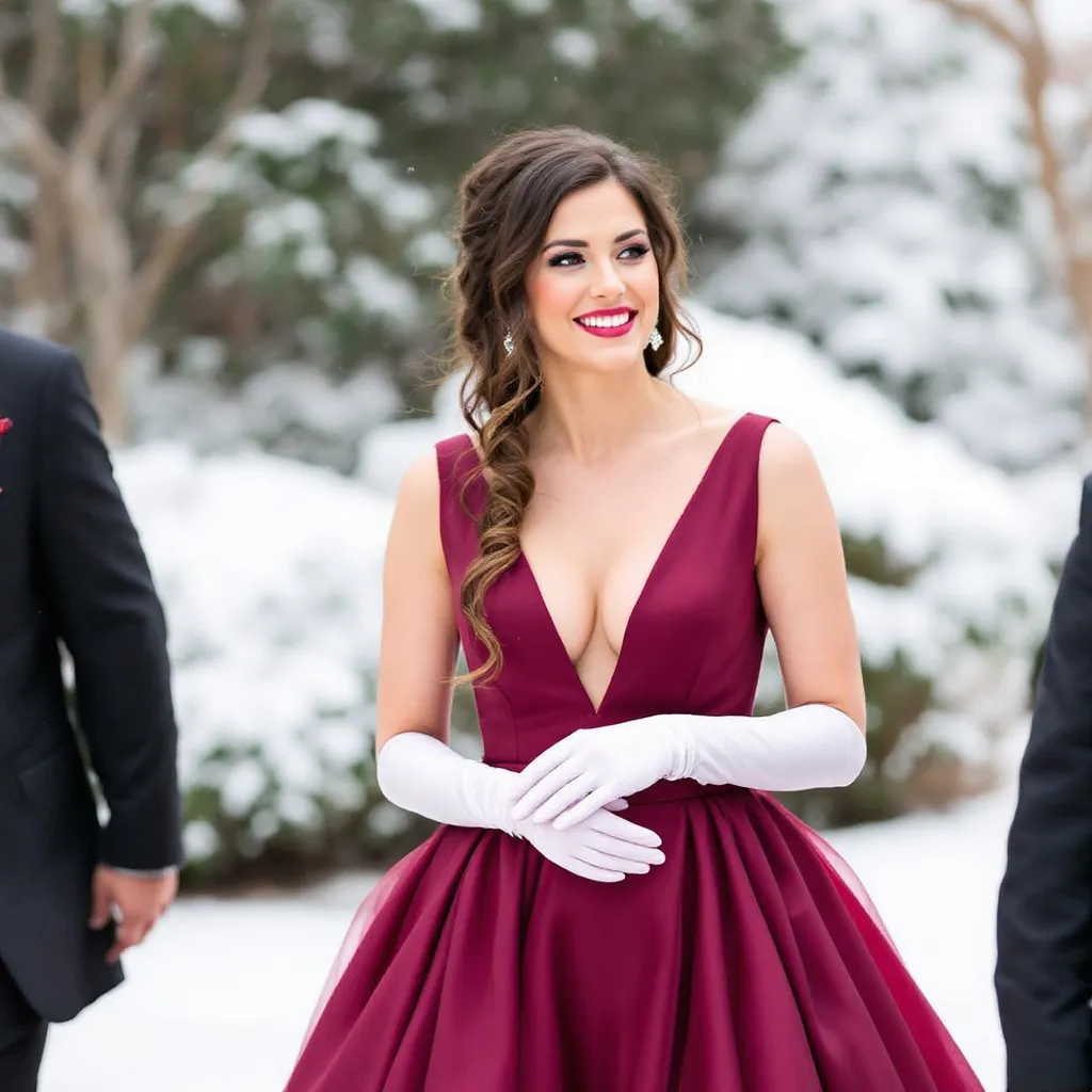 Guest Winter Wedding Dresses (15) A woman with a burgundy dress and white long sleeve gloves at a winter snowy wedding
