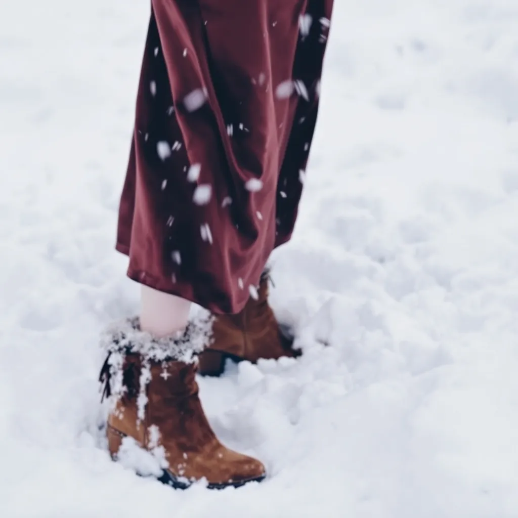 Guest Winter Wedding Dresses (18) A woman wearing boots and a red dress in the snow at a wedding