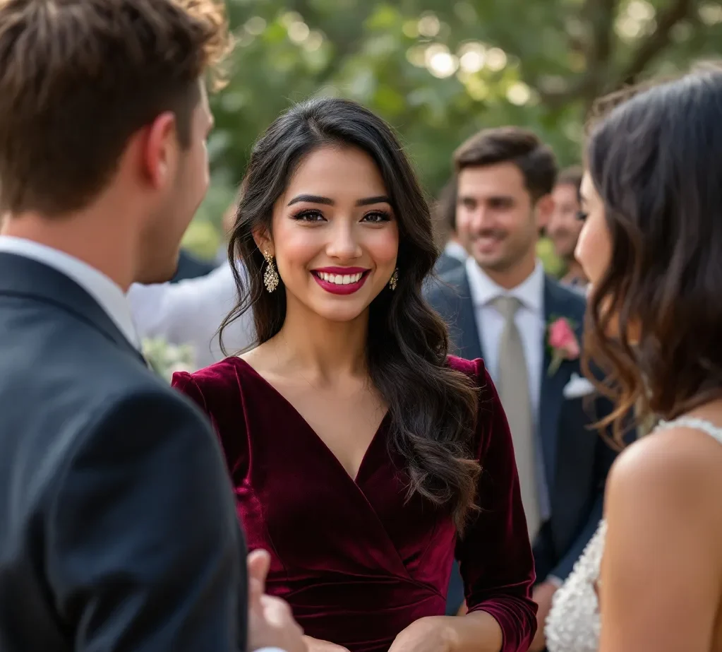 Guest Winter Wedding Dresses 2 An Asian lady in a burgundy velvet wedding guest dress talking with other guests at a winter wedding