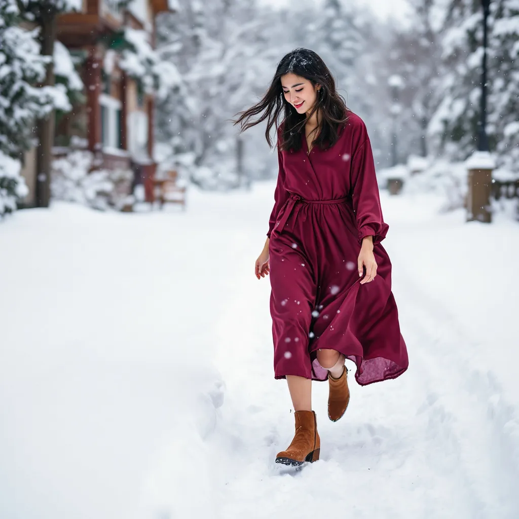 Guest Winter Wedding Dresses (20) A lady walking in snow in a burgundy midi dress at a wedding