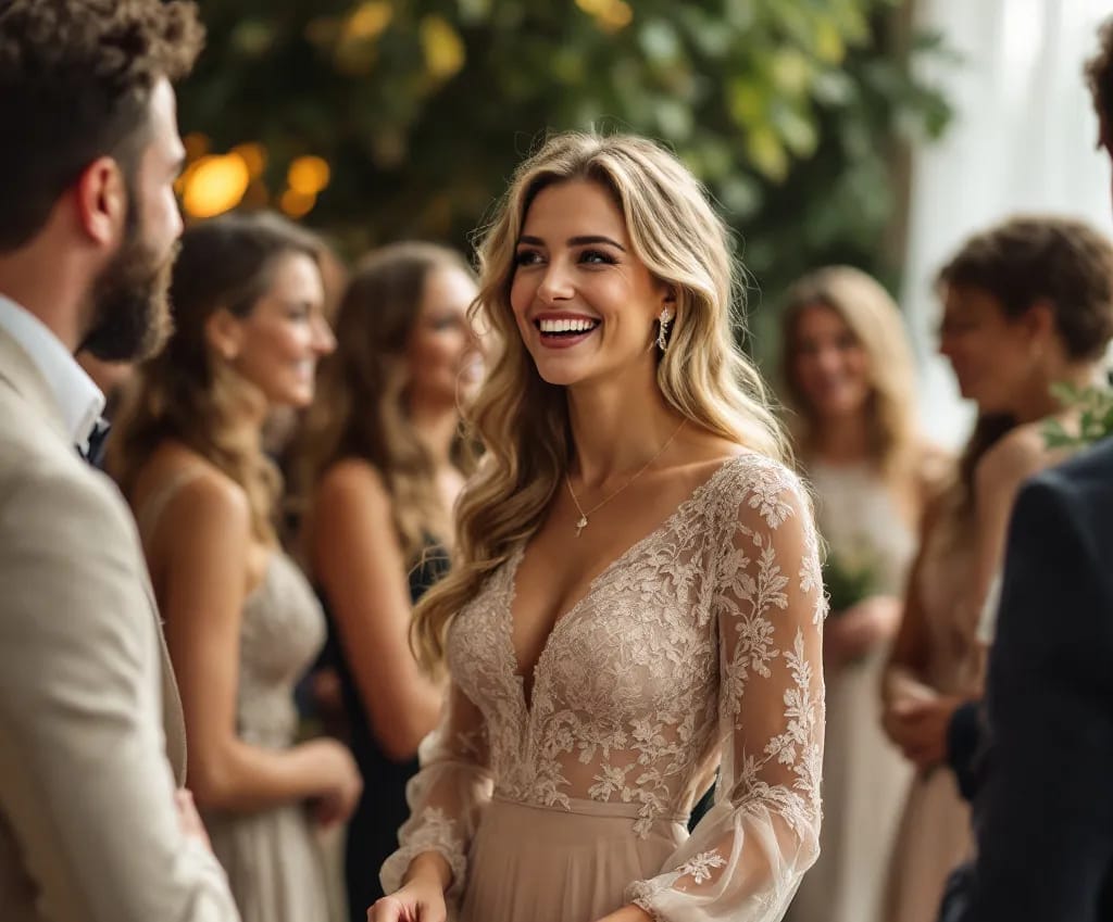Guest Winter Wedding Dresses (22) A woman in a lace dress at a winter wedding