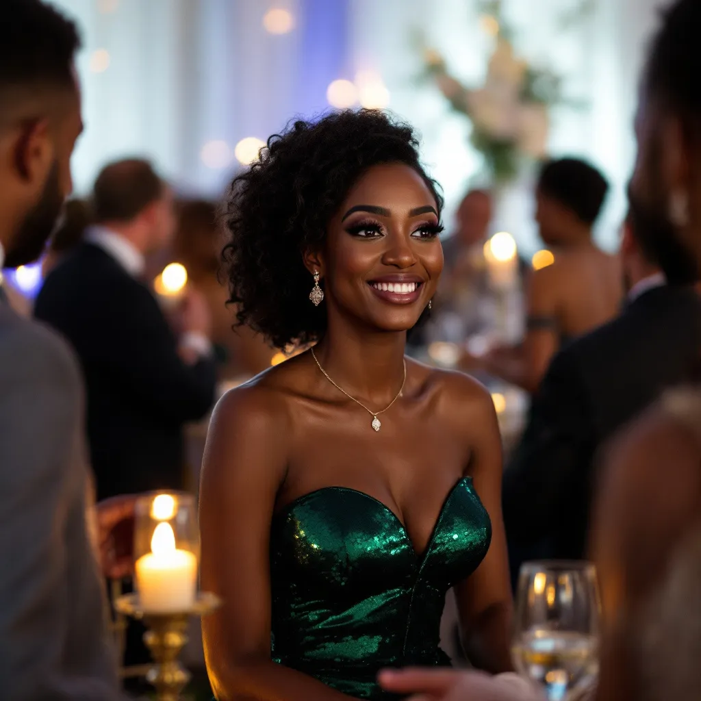 Guest Winter Wedding Dresses (24) A photo of an elegant black woman in a green shimmering dress at a winter wedding
