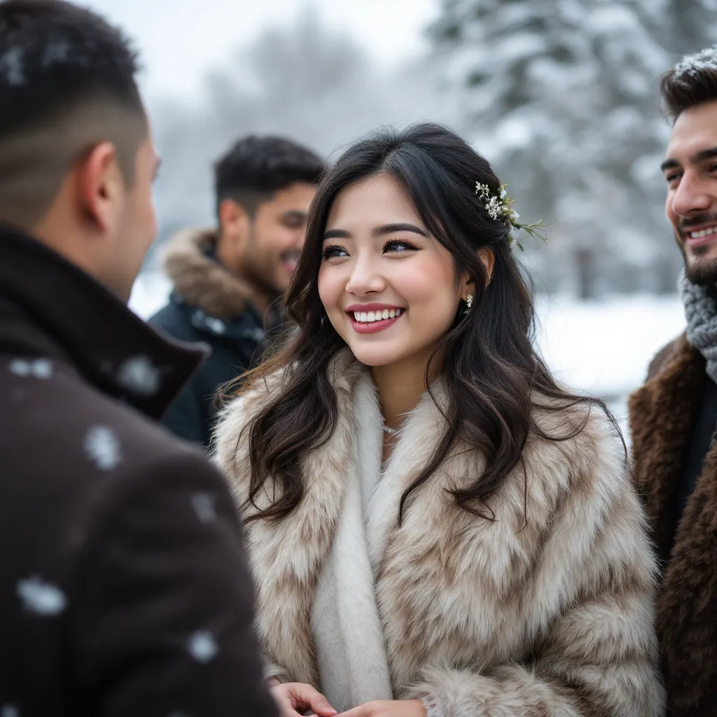 Guest Winter Wedding Dresses (26) A female Asian guest with a fur coat over a dress at a winter wedding