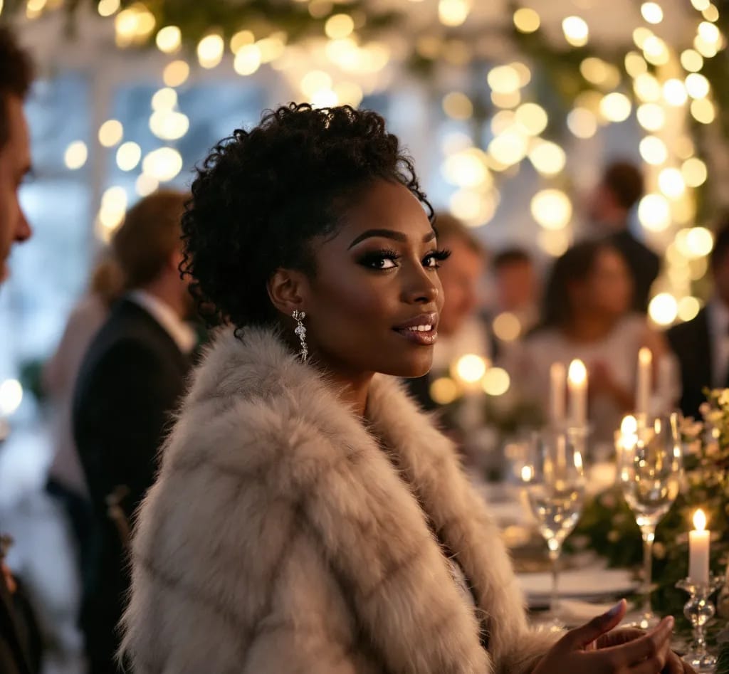 Guest Winter Wedding Dresses (27) A woman in fur indoors at a winter wedding table