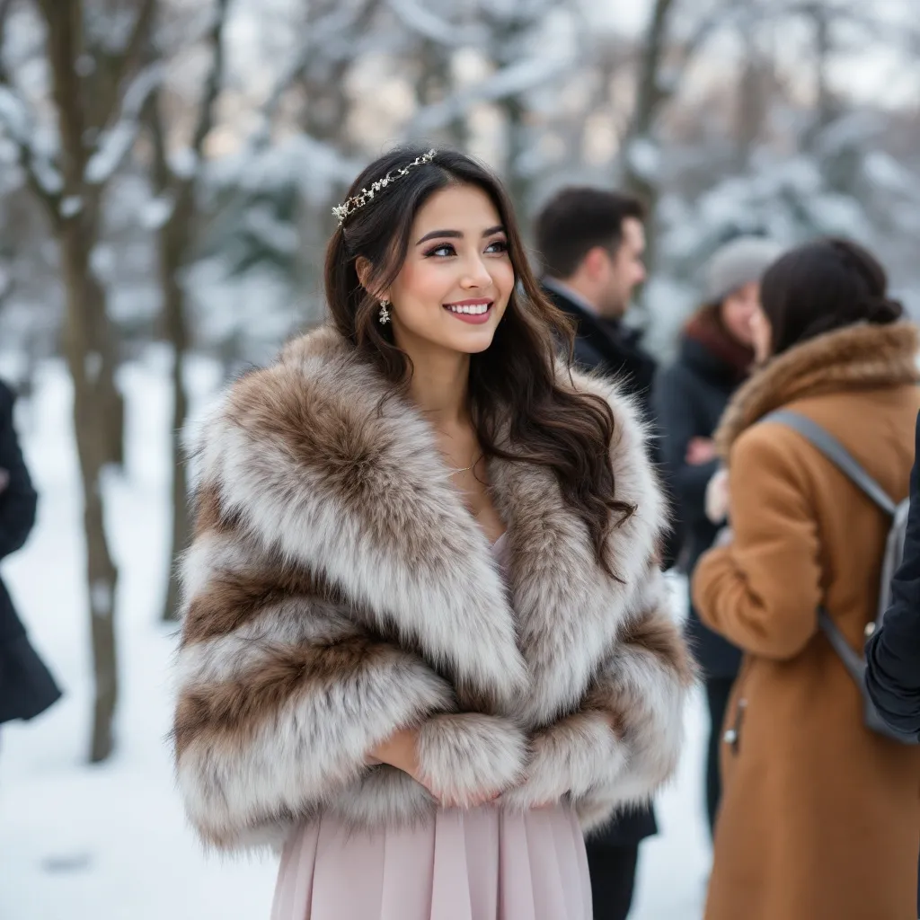 Guest Winter Wedding Dresses (28) An Asian lady in a fur shawl over a pink dress in a snowy winter wedding