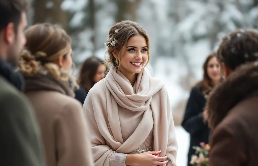 Guest Winter Wedding Dresses (30) A woman in a shawl wrap winter wedding guest dress outside in the snow