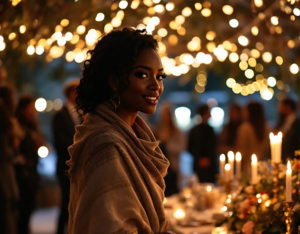 Guest Winter Wedding Dresses (32) A black woman in a layered shawl at anevening winter wedding