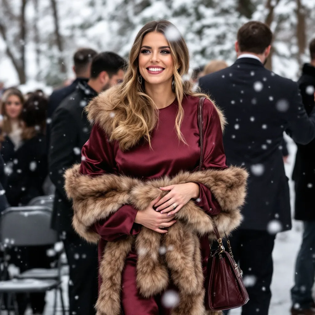 Guest Winter Wedding Dresses (34) An elegant woman in a red dress at a winter wedding with a fur wrap