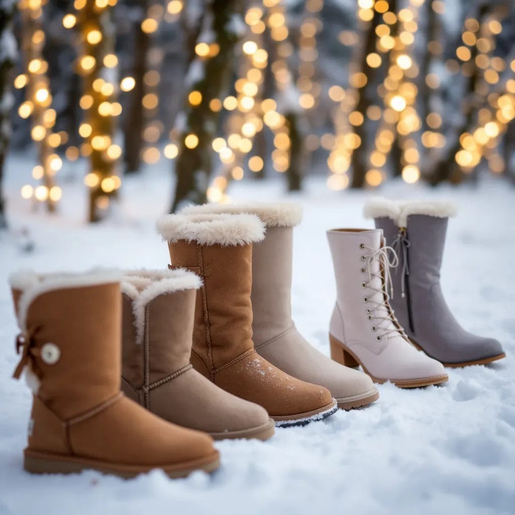 Guest Winter Wedding Dresses (4) Fur wedding and shoes boots in snow with winter lights behind