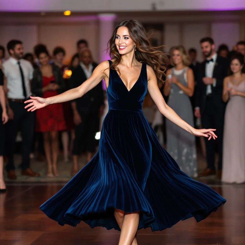 Guest Winter Wedding Dresses (7) A woman in a blue velvet dress dancing at a wedding