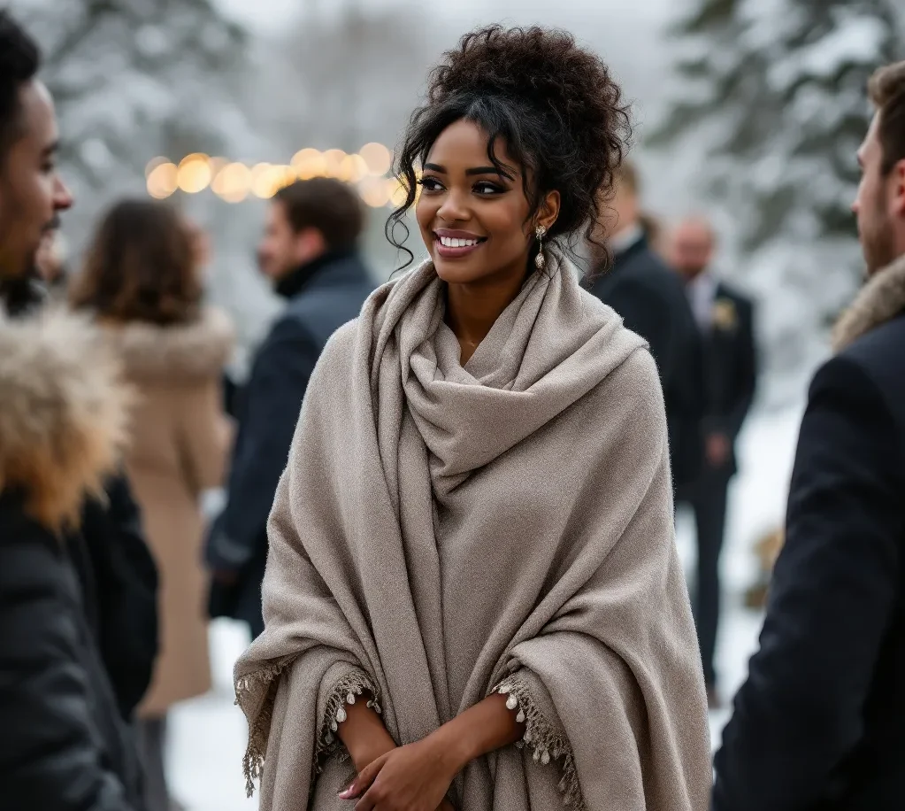 Winter Wedding Guest Dresses Black female wedding guests in a light grey shawl over a dress at a winter wedding