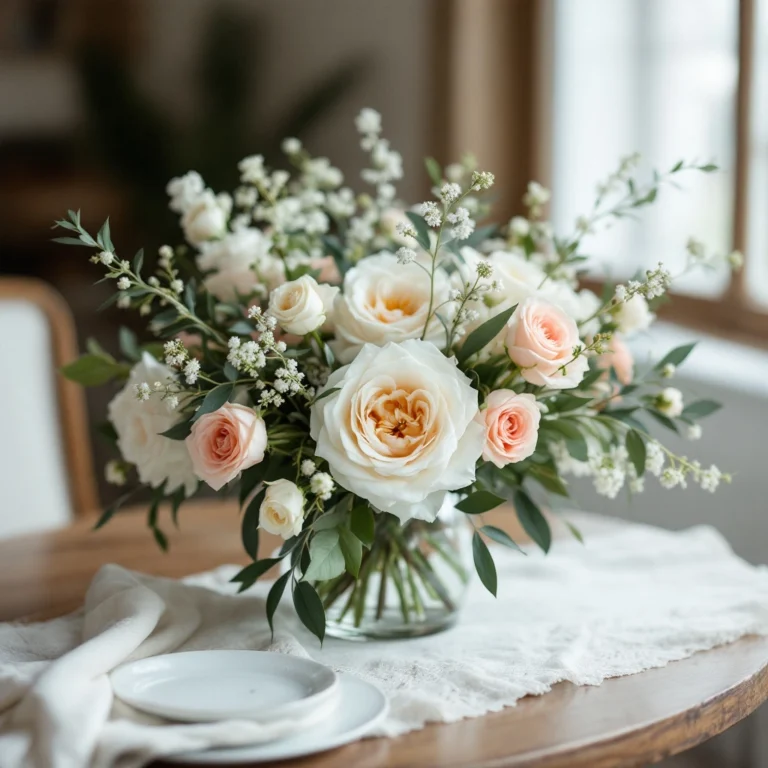 White and pink flowers on a table for a winter wedding