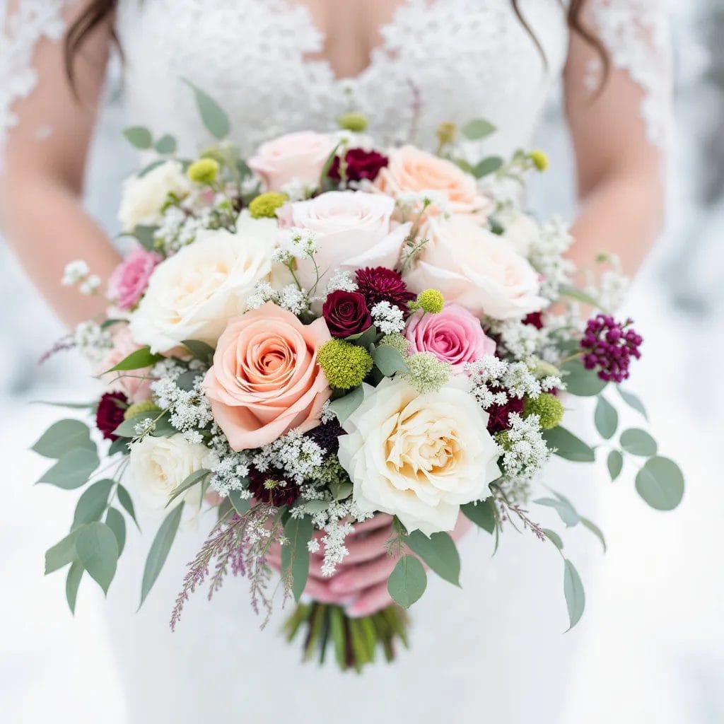 bridal bouquets for winter wedding (11) A bride holding a bouquet of white, pink, and red flowers at a winter wedding