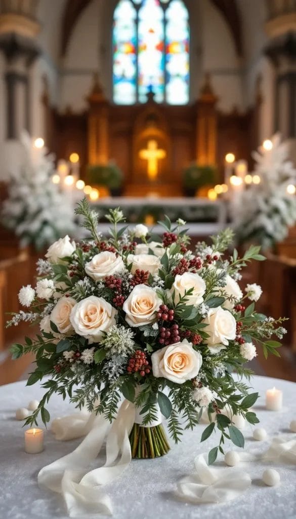 bridal bouquets for winter wedding (4) Pink and red rose winter bouquet in a church