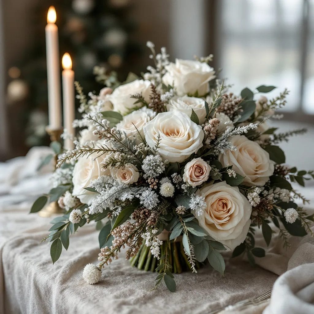 bridal bouquets for winter wedding (7) White wedding bouquet for winter on a table with candles