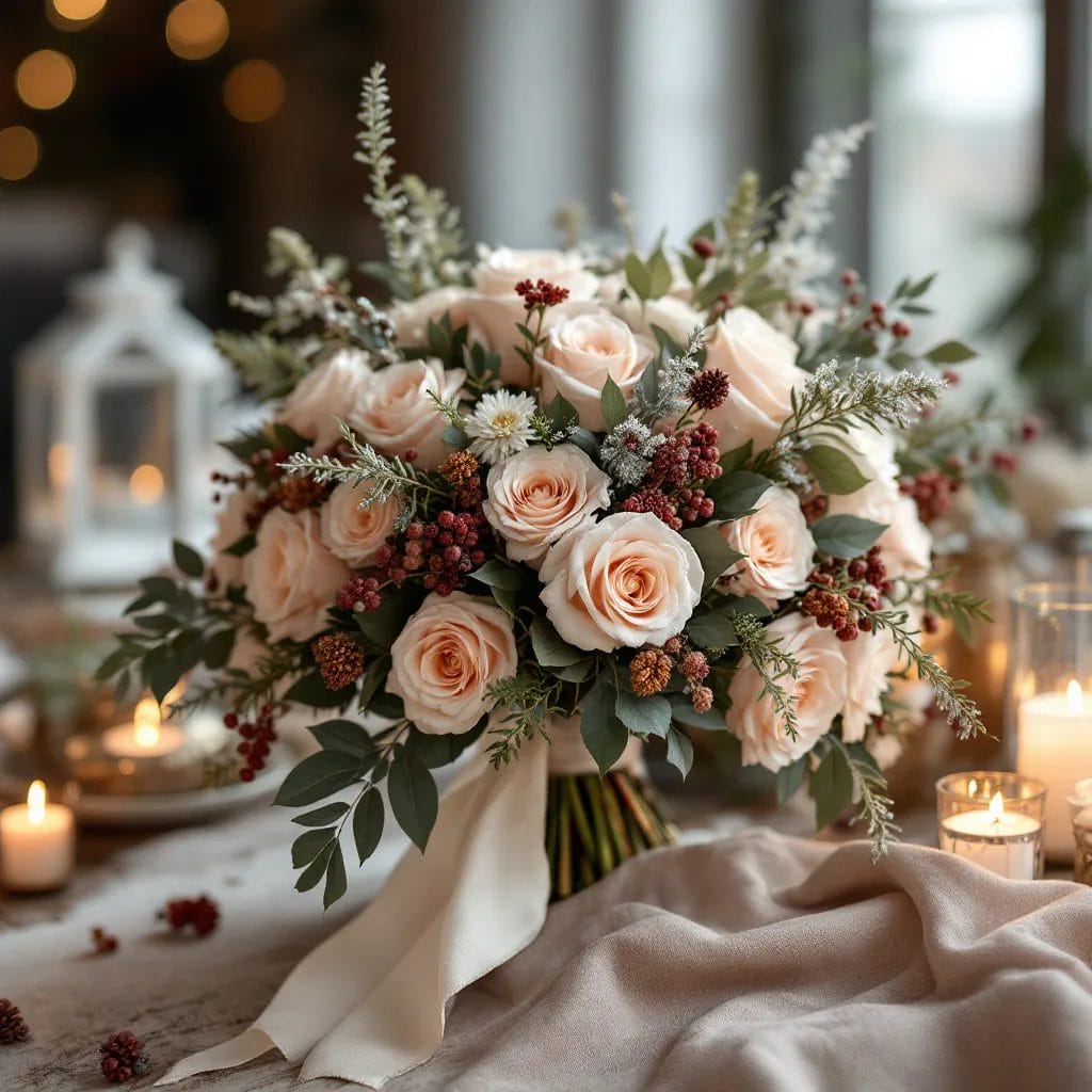 bridal bouquets for winter wedding (8) Big pink and red winter bridal bouquet surrounded by candles