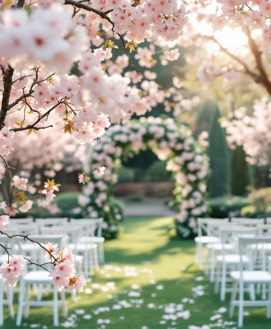 Spring wedding venue with blossom and a blossom arch