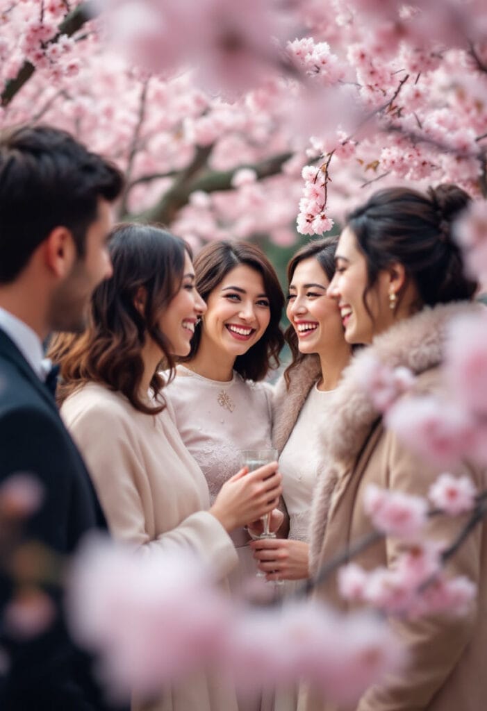 Formal attire Spring wedding (4) Wedding guests surrounded by pink blossom in Spring