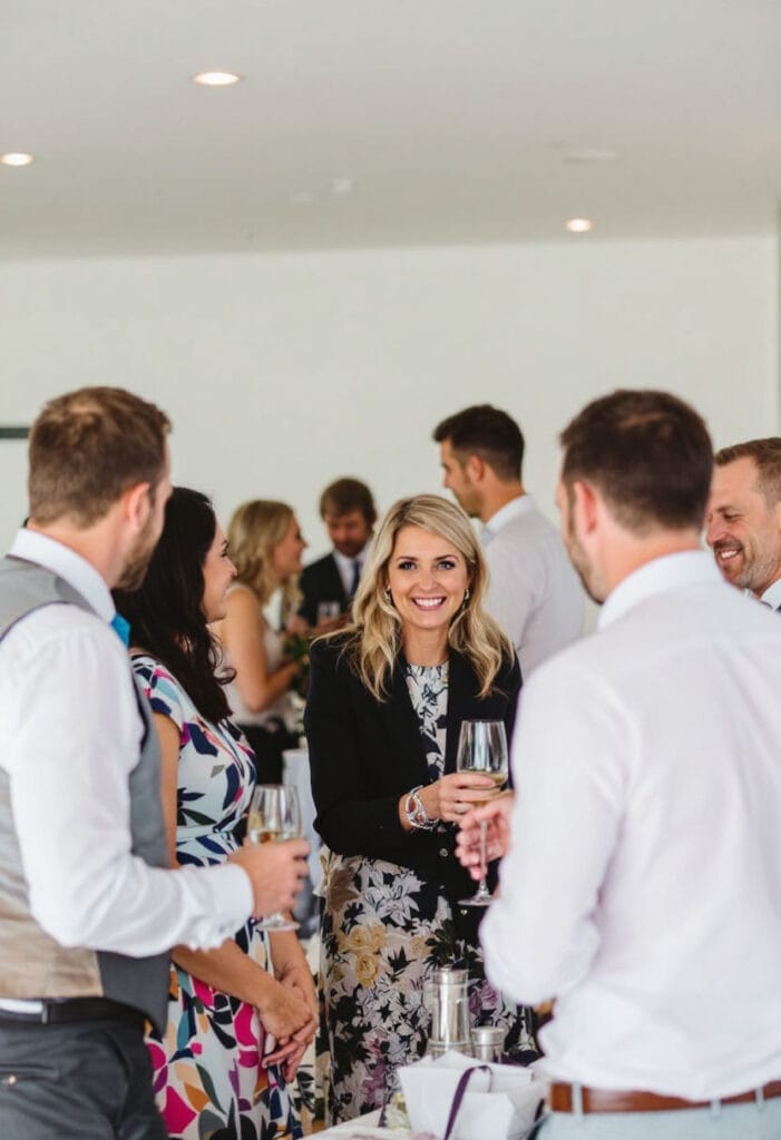 Semi-formal Spring wedding attire (1) Wedding guests mingling indoors