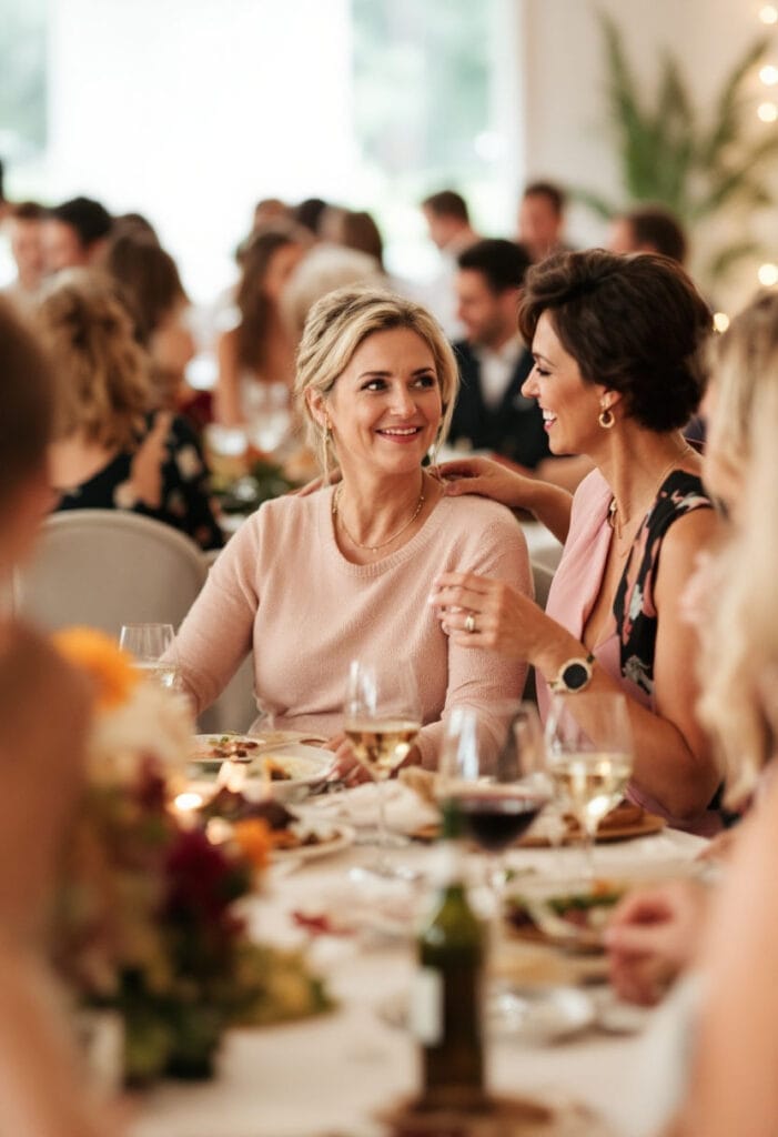 Spring wedding guest attire (2) Guests at a wedding in Spring eating and talking in nice dresses