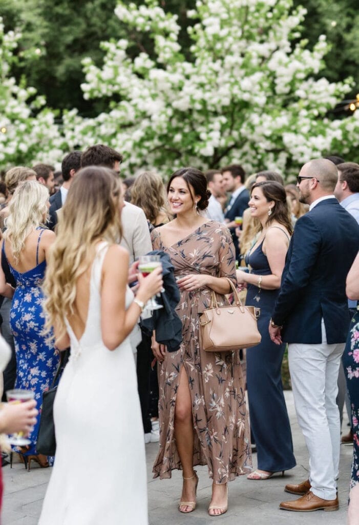 Wedding guest Spring attire (1) Spring wedding guest dresses in group of people mingling