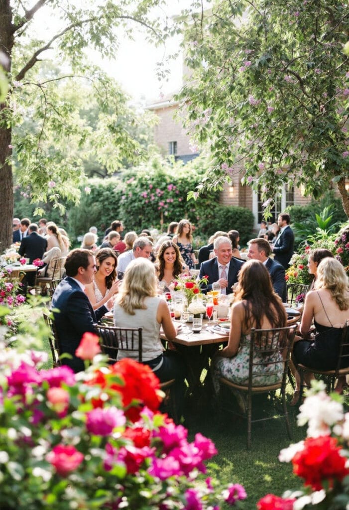 Wedding guest Spring attire (2) Guests at a Spring wedding eating outdoors