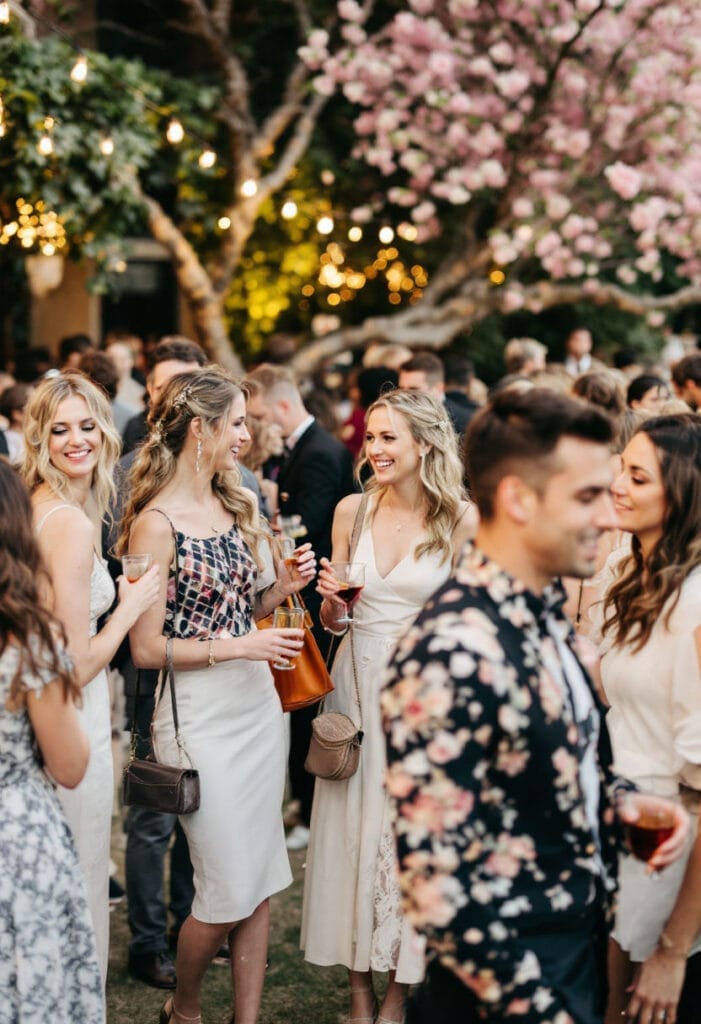 Wedding guests mingling at a Spring wedding