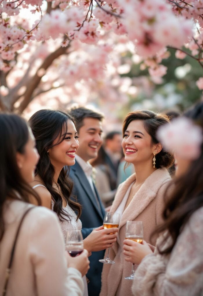 Guests mingling at a Spring wedding with pink blossom