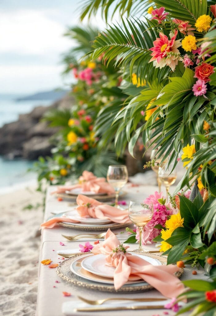 Beach coastal spring wedding with tropical flowers and sand and blue sea in background