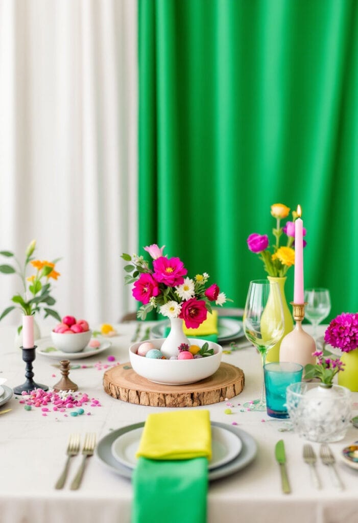 Bold green Spring wedding color curtain behind red flowers in white vase