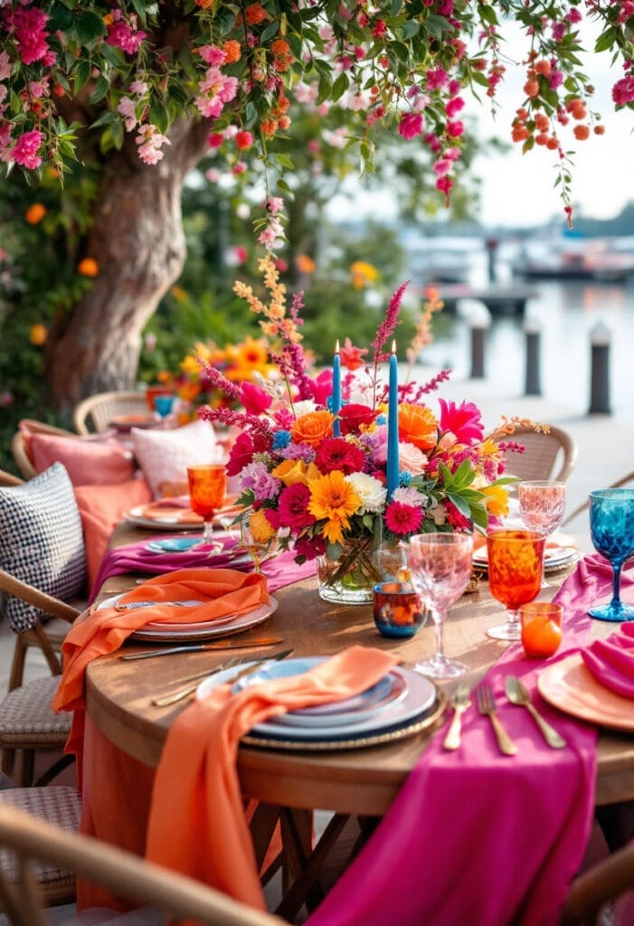 Fuschia bold colour at beach wedding on circle banquet tale
