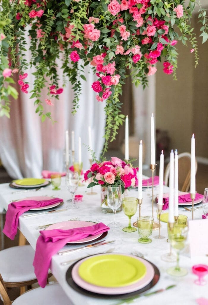 Bold unique spring wedding colours of pink and yellow in wedding banquet table