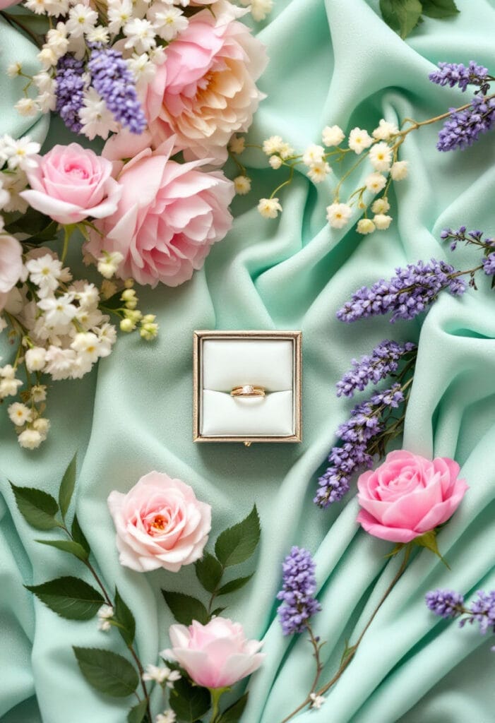 Green blue spring wedding colors palette with ring in box from above