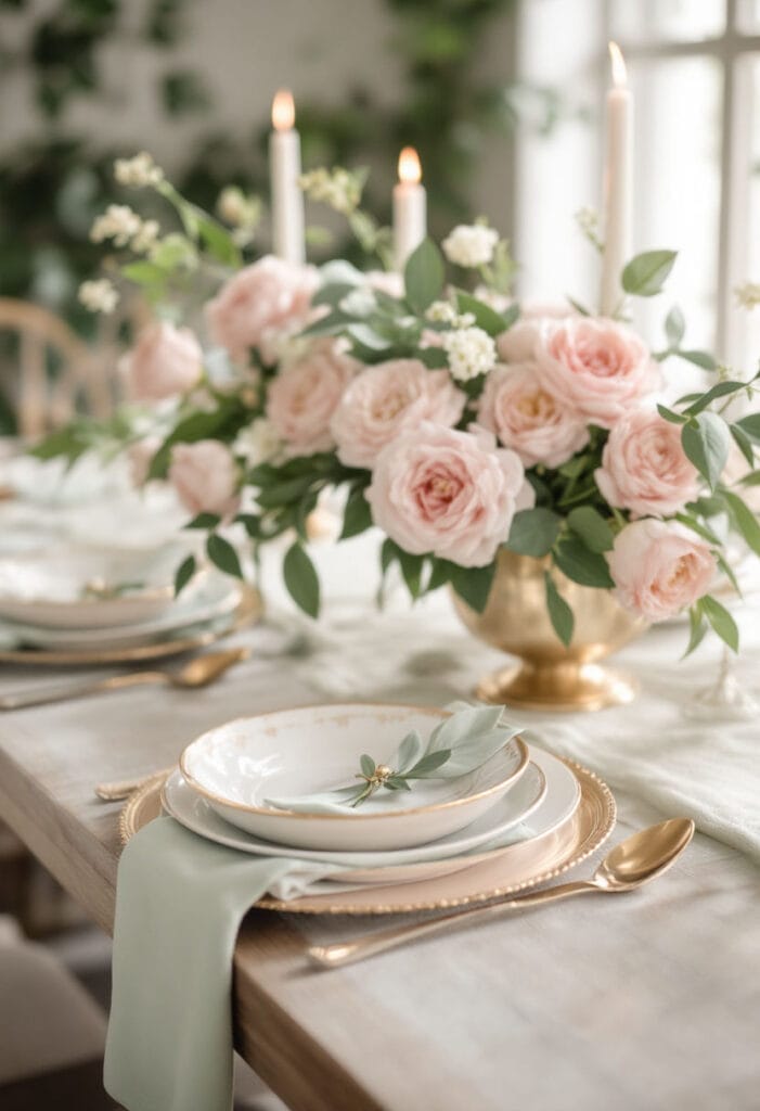Pastel green napkin and pink flowers at spring wedding on banquet table