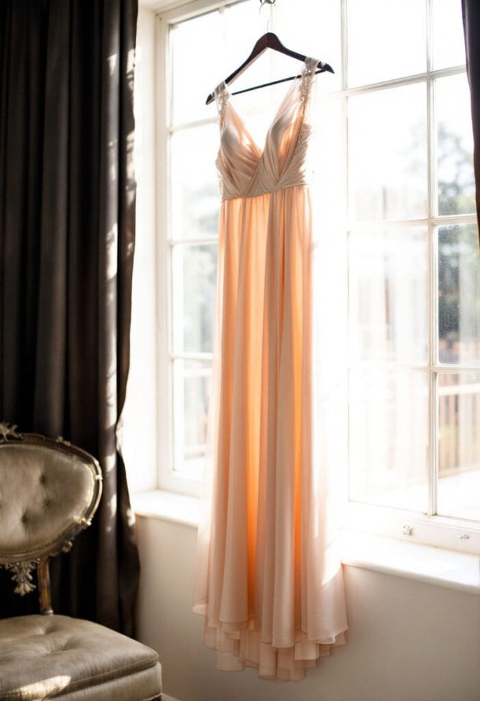 Rose gold bridesmaid dress for wedding in Spring against a bright window