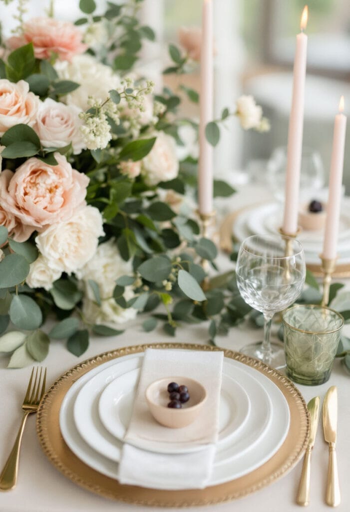 Rose gold wedding plates flowers and decorations